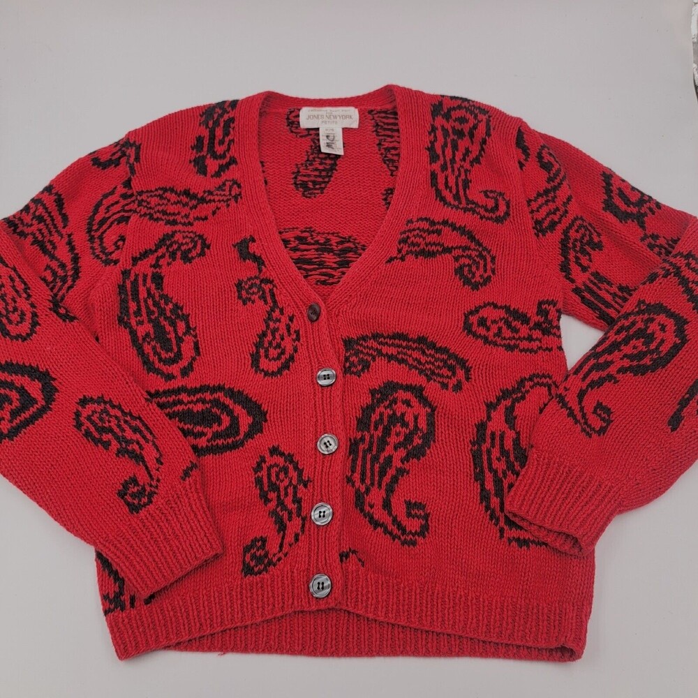 Vintage Red Paisley Hand Knit Cardigan Sweater Women Petite Small Jones New York
